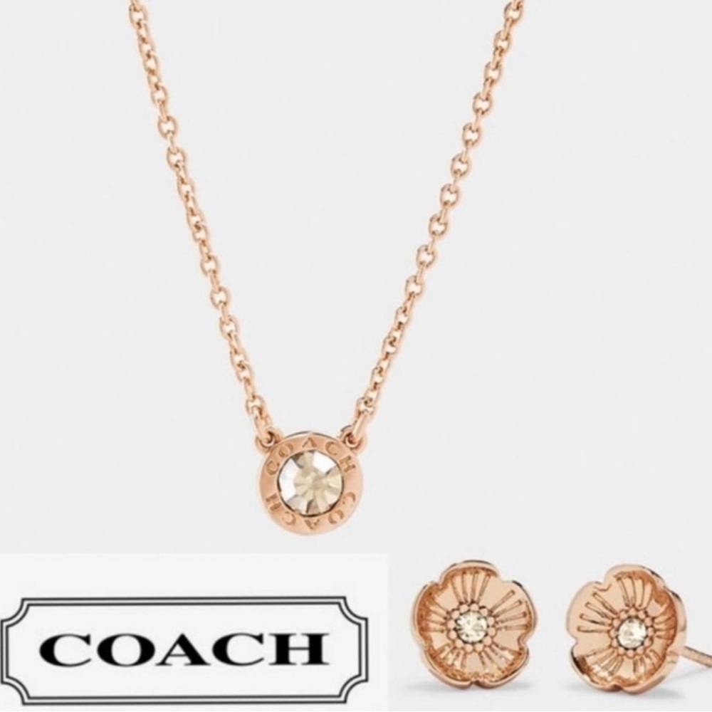 Coach Rose Gold Open Circle Necklace And Tea Rose Stud Earrings Set